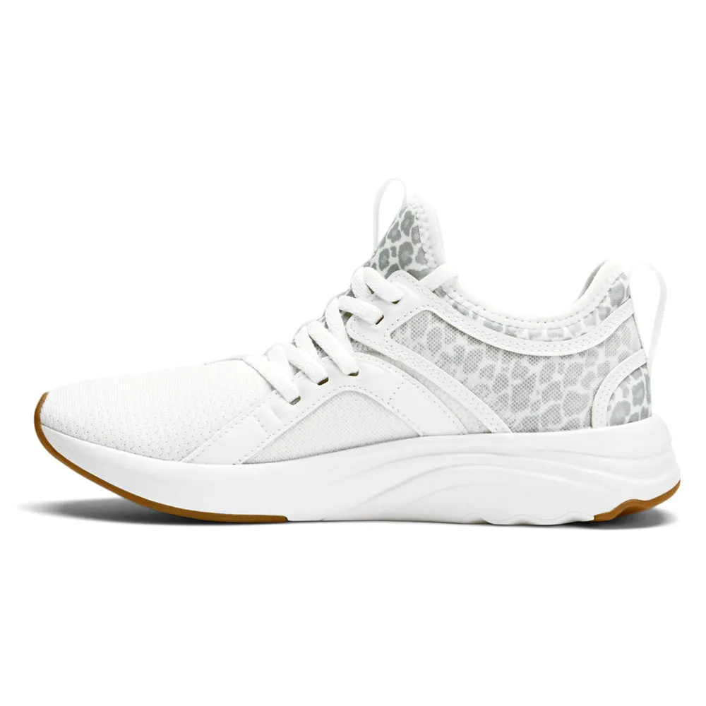 Softride Sophia Wild Print Running Shoes Traction Optimized Lugs running in a monorail station area shoes