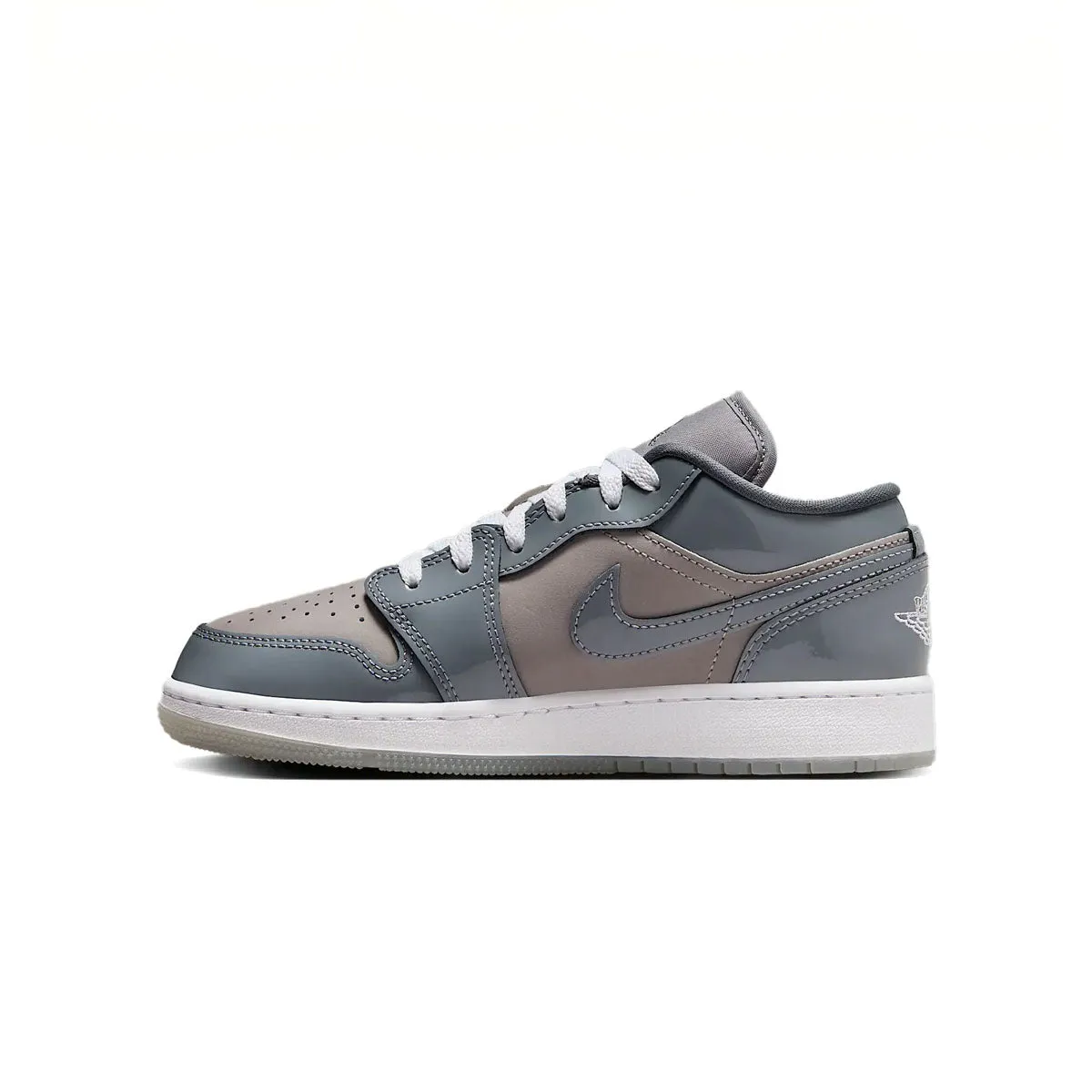 Air Jordan 1 Low SE 'Patent Cool Grey' Durable Synthetic Overlay Dual Density Collar Foam