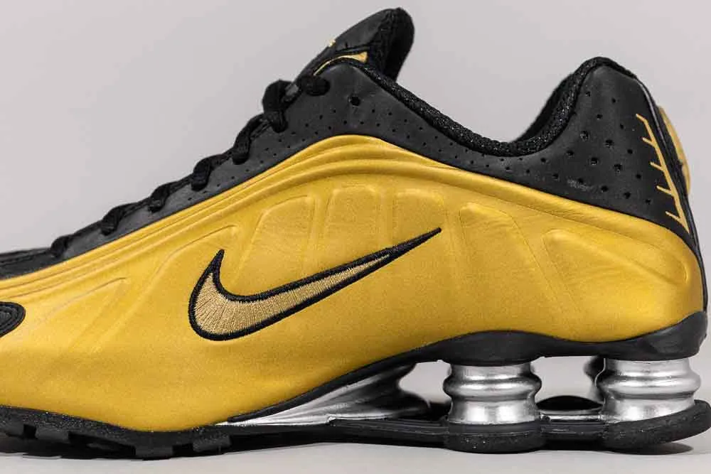 Women's Nike Shox R4 'Black and Metallic Gold' Breathable Upper Design